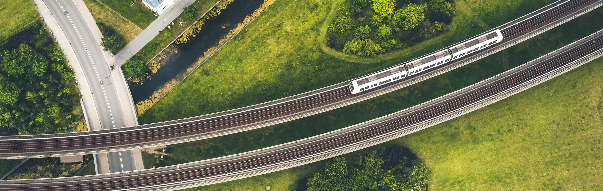 aerial view of a modern train on tracks