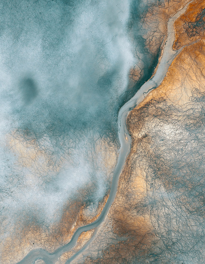 aerial view of beautiful natural shapes and textures on lake