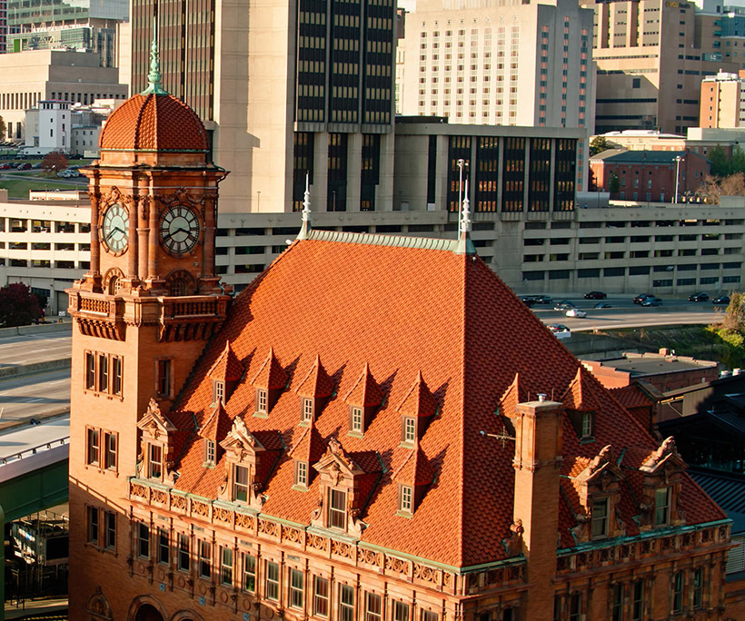 aerial view of Richmond, Va with Clock Tower on Main Street Station with freeway