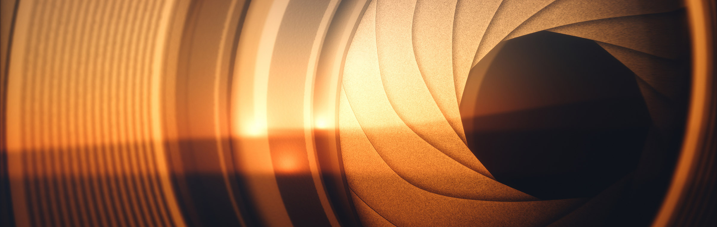 Macro photography from inside an objective lens and its details like the diaphragm blades. Reflection of the sky in the camera lens.