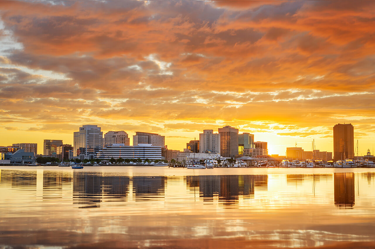 skyline of Norfolk, VA from the bay